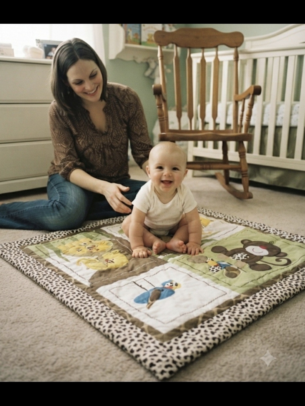 Safari Animals Patchwork Baby Quilt Crawling Tummy Time Blanket- Green and Brown